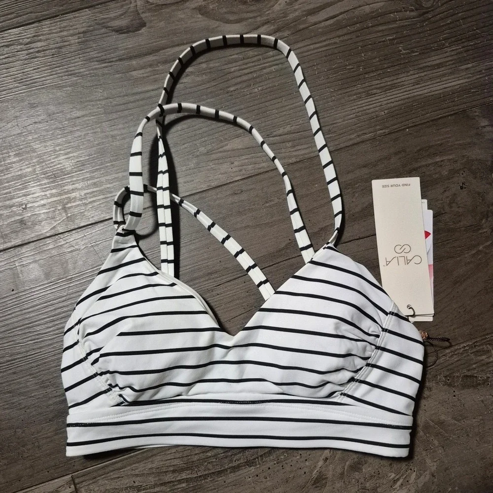 CALIA Strappy Back Ruch Bikini Top Coastal Stripe White XS WSA23223PRT NEW